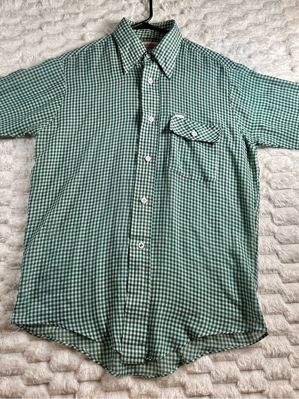 70’s Men's Green Gingham Short-Sleeve Button-Down VINTAGE!! Western look! sz Med